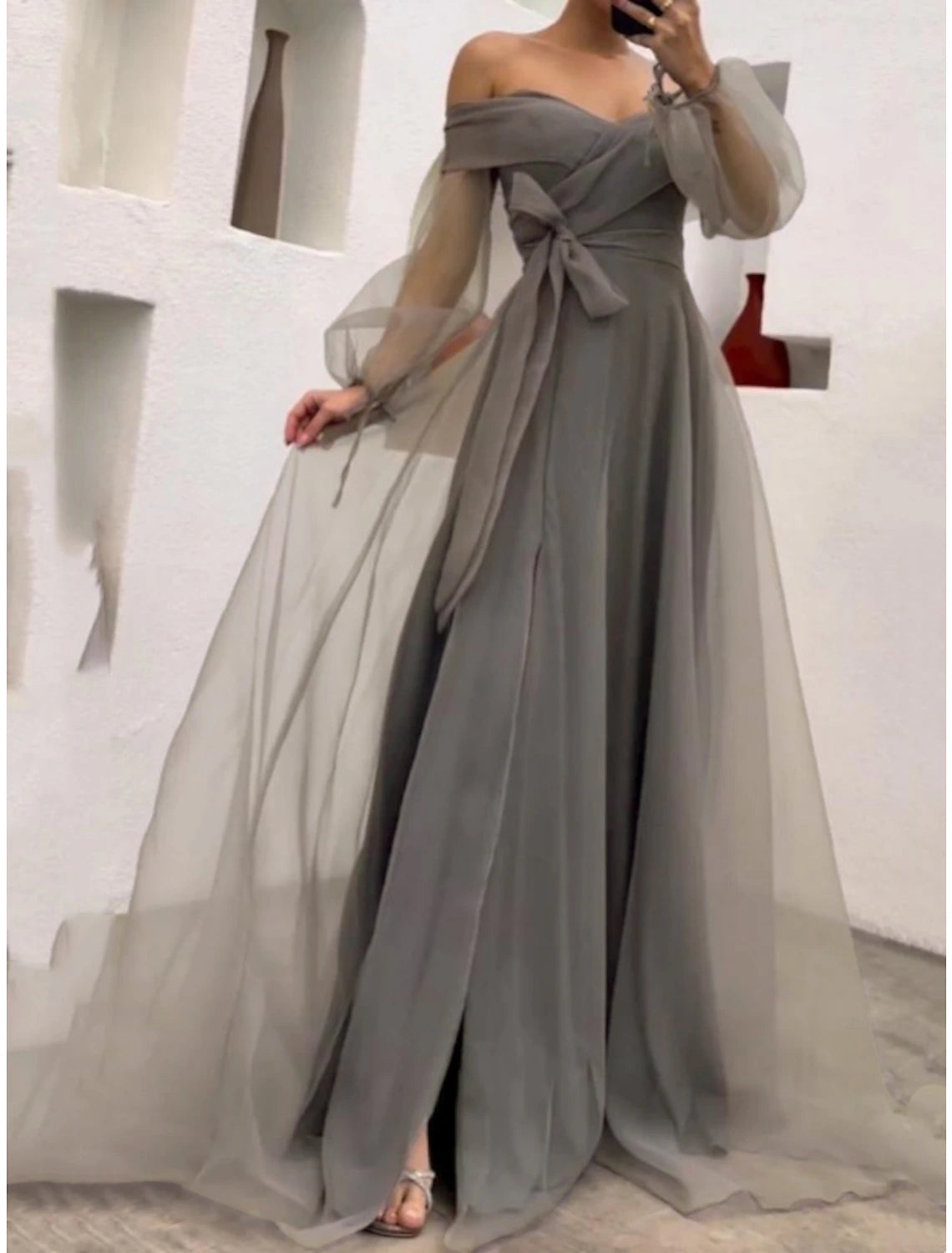 Sheath / Column Prom Dresses Princess Dress Wedding Party Sweep / Brush Train Long Sleeve Off Shoulder Belt / Sash Tulle with Bow(s) Pleats Slit