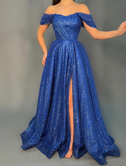 A-Line Evening Gown Elegant Dress Formal Sweep / Brush Train Short Sleeve Off Shoulder Sequined with Glitter Pleats Slit