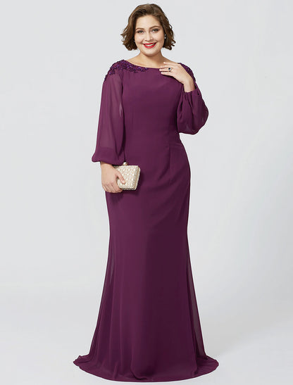 Sheath / Column Mother of the Bride Dress Formal Classic & Timeless Elegant & Luxurious Plus Size Bateau Neck Floor Length Chiffon Long Sleeve No with Beading Appliques