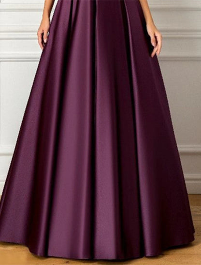 A-Line Evening Gown Elegant Dress Formal Wedding Guest Floor Length 3/4 Length Sleeve V Neck Satin with Pleats Sequin