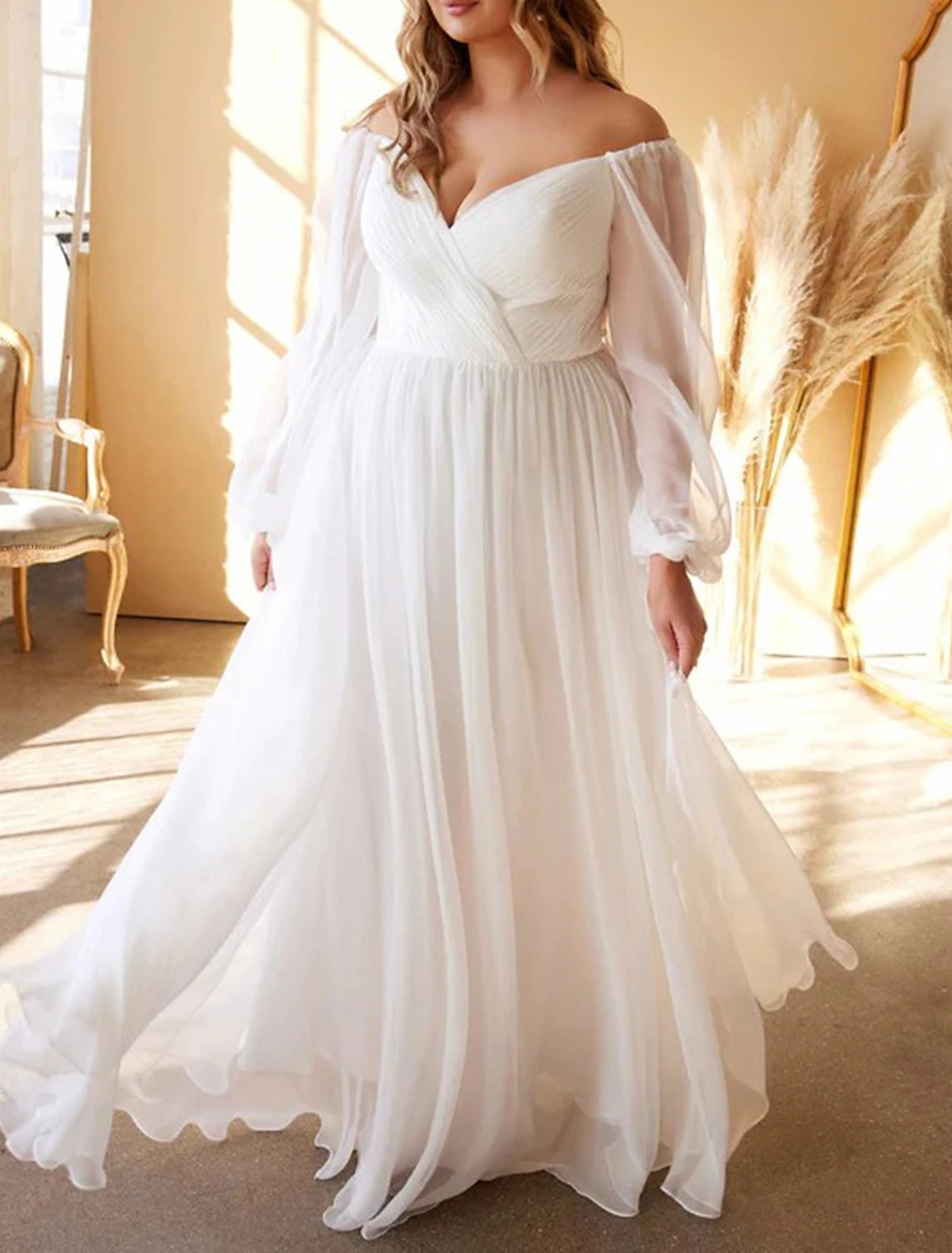 Beach Simple Wedding Dresses A-Line Off Shoulder Long Sleeve Floor Length Chiffon Bridal Gowns With Pleats Solid Color Summer Wedding Party