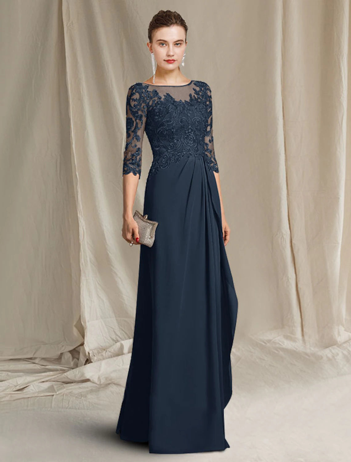 Sheath / Column Mother of the Bride Dress Plus Size Elegant Jewel Neck Floor Length Chiffon Lace 3/4 Length Sleeve with Pleats Ruffles Appliques