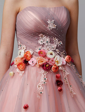 Vintage Fashion Ball Gown Strapless Pink Floral Floor Length Formal Dress Formal Prom Dress