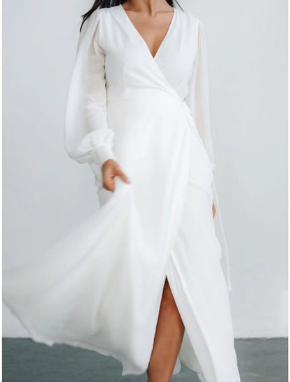 Little White Dresses Wedding Dresses A-Line V Neck Long Sleeve Ankle Length Chiffon Bridal Gowns With Pleats Split Front