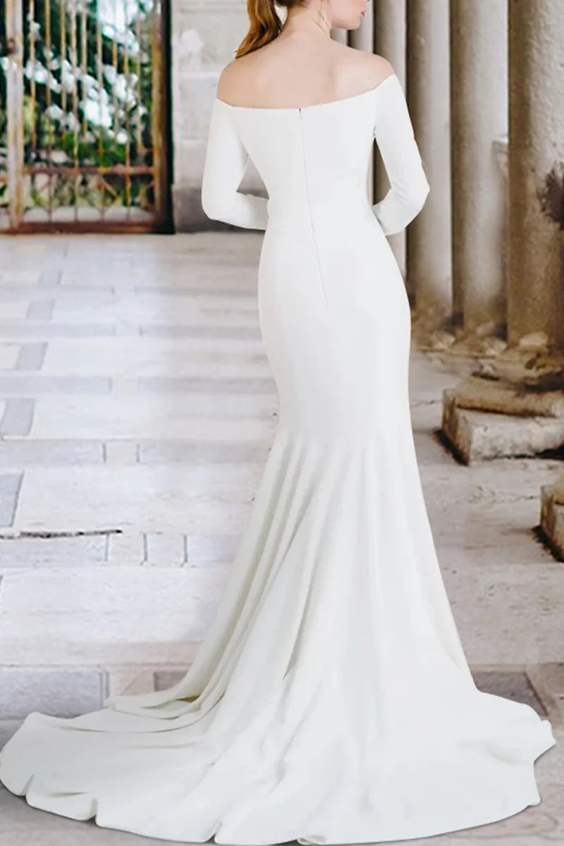 Leisure wedding dress in the lobby, off the shoulder long sleeved minimalist summer bride dress