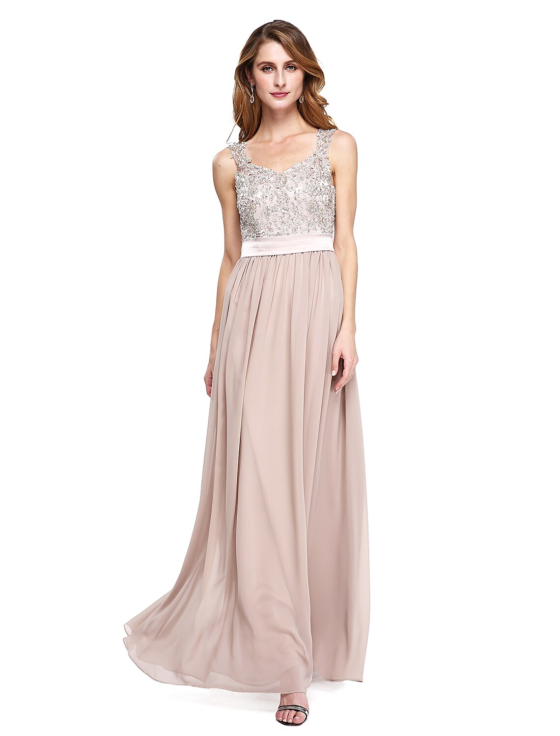 A-Line Mother of the Bride Dress Elegant Straps Floor Length Chiffon Sleeveless No with Sash / Ribbon Beading Appliques