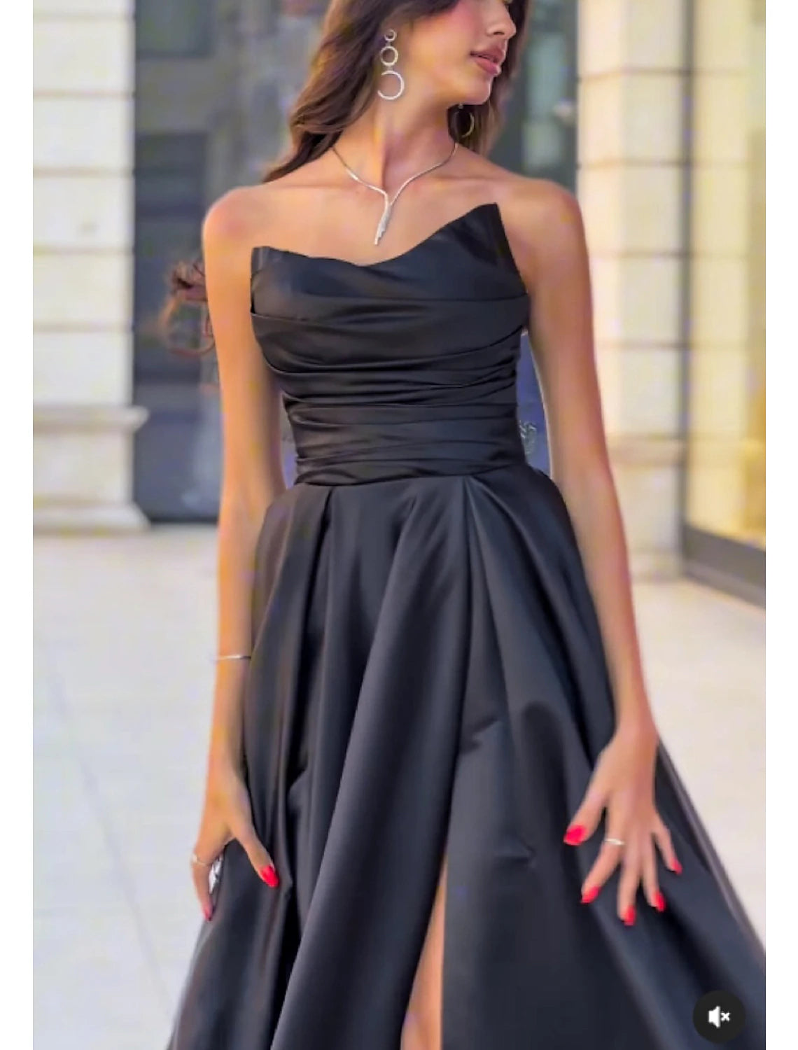 A-Line Evening Gown Black Dress Plus Size Elegant Dress Formal Court Train Sleeveless Strapless Satin with Pleats Ruched Slit