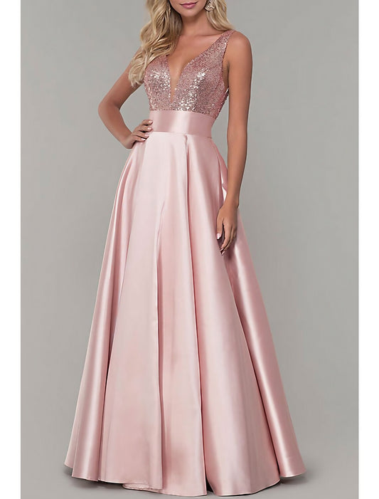 A-Line Prom Dresses Sparkle Dress Prom Formal Evening Floor Length Sleeveless V Neck Bridesmaid Dress Satin with Pleats Sequin