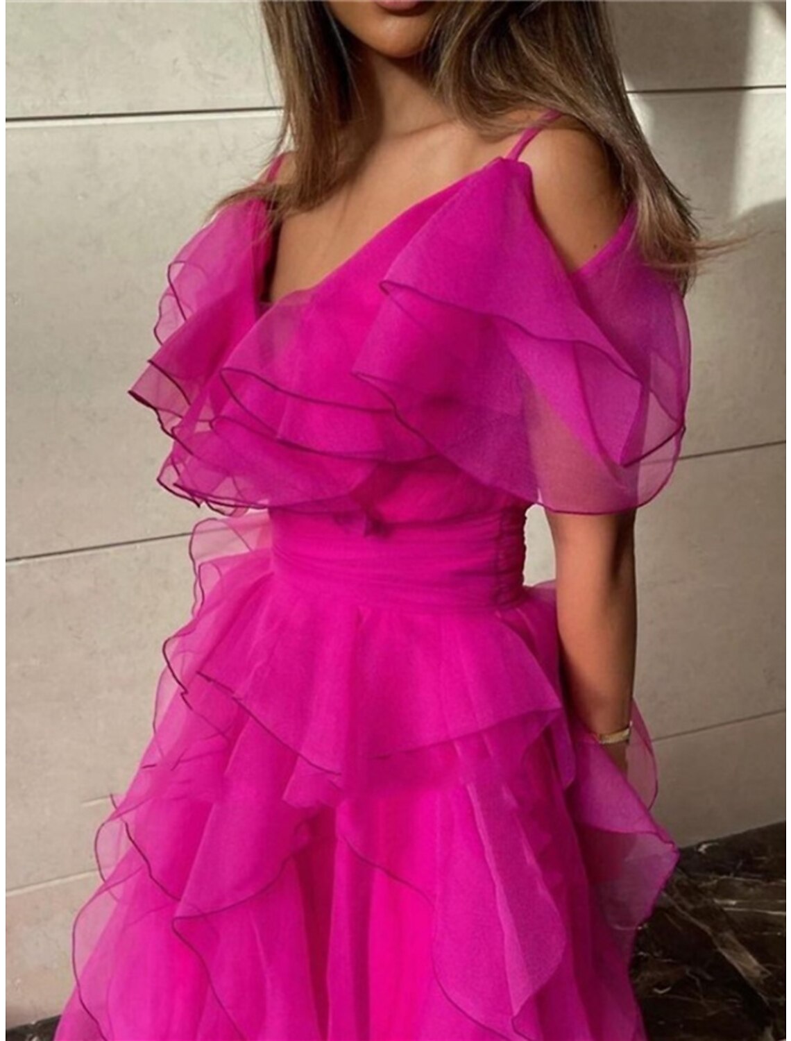 A-Line Prom Dresses Elegant Dress Formal Sweep / Brush Train Short Sleeve V Neck Organza with Pleats Ruffles