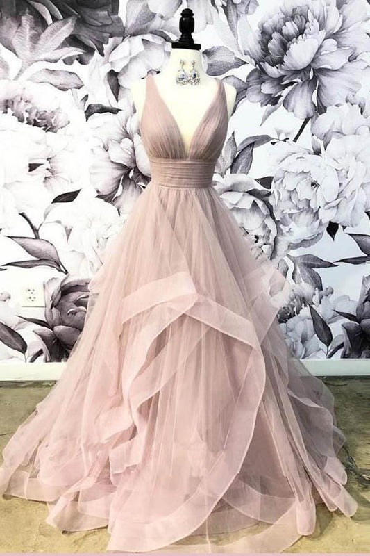 Elegant gray pink long sleeveless off the shoulder ball dress gray pink sheer backless with distinct layers and ground length evening gown