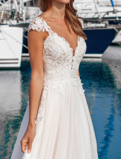 Beach Formal Wedding Dresses A-Line V Neck Cap Sleeve Floor Length Lace Bridal Gowns With Appliques