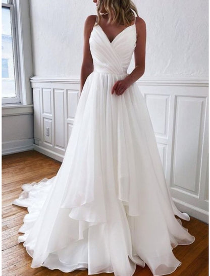 Simple Wedding Dresses Sheath / Column Camisole Sleeveless Court Train Chiffon Bridal Gowns With Pleats