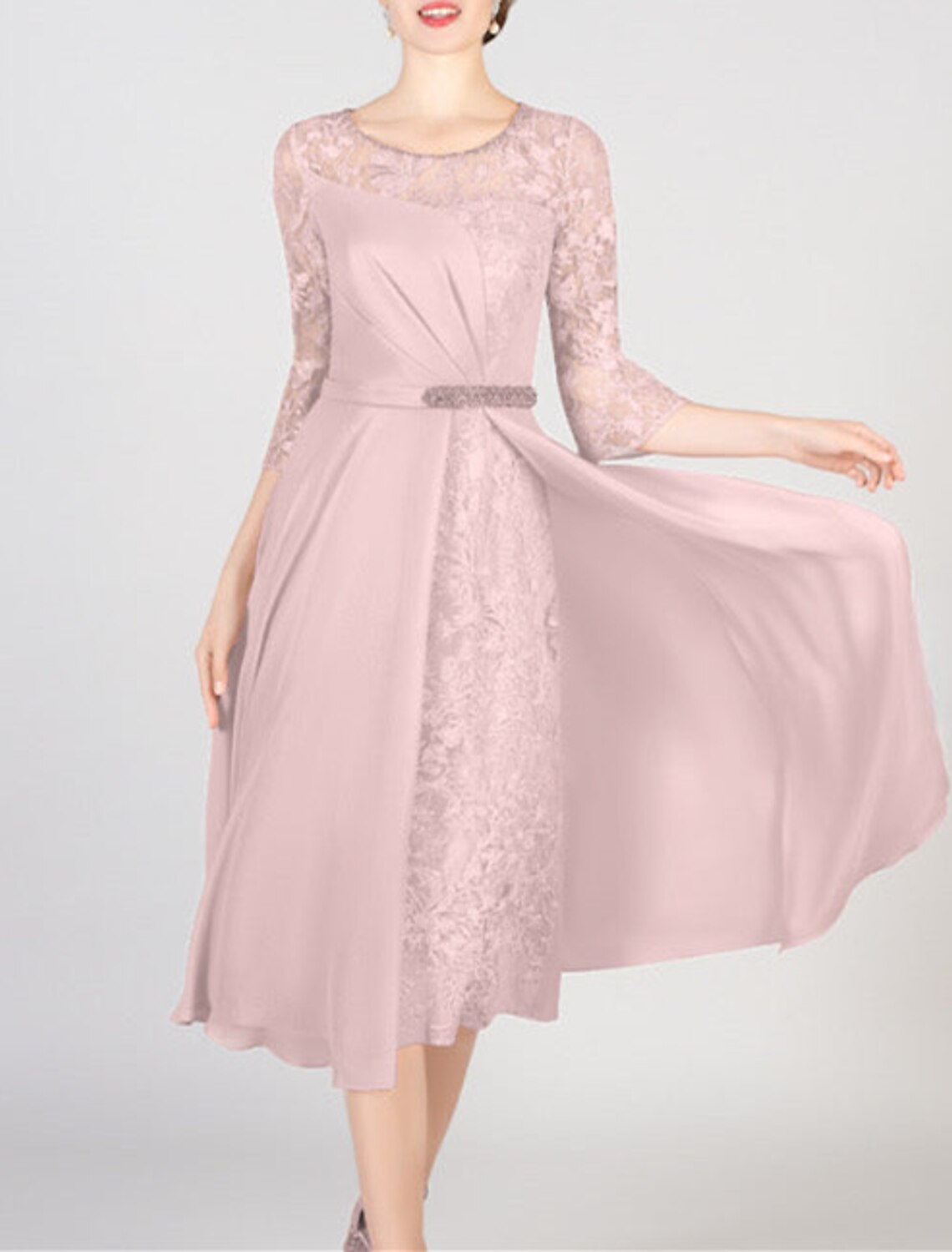 A-Line Mother of the Bride Dress Formal Wedding Guest Elegant Bateau Neck Scoop Neck Knee Length Chiffon Lace Half Sleeve with Crystals Appliques Solid Color