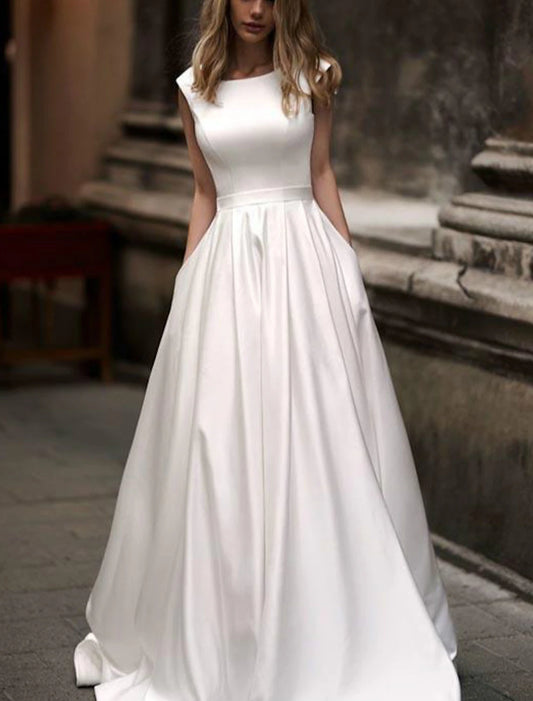 Hall Simple Wedding Dresses A-Line Scoop Neck Cap Sleeve Court Train Satin Bridal Gowns With Pleats Summer Wedding Party