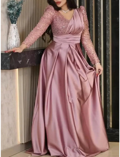 A-Line Evening Gown Elegant Dress Formal Sweep / Brush Train Long Sleeve V Neck Satin with Pleats Ruched Sequin