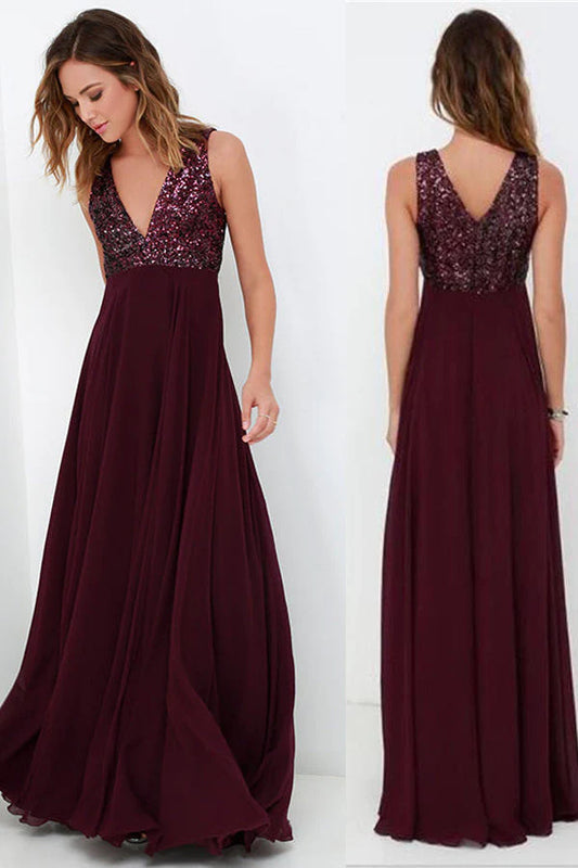 Burgundy A Line Floor Length Deep V Neck Sleeveless Bridesmaid Dresses Wedding Party Dresses