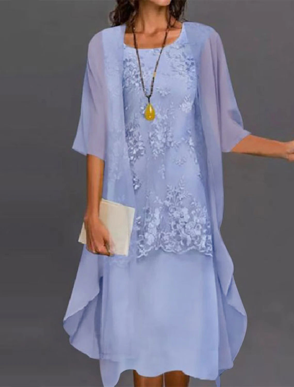 Two Piece Sheath / Column Mother of the Bride Dress Elegant Jewel Neck Tea Length Chiffon Lace Sleeveless Jacket Dresses with Appliques
