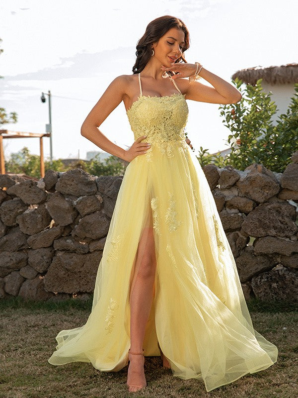 A-Line/Princess Tulle Applique Halter Sleeveless Sweep/Brush Train Dresses