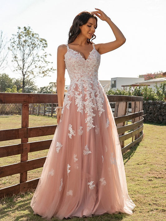 A-Line/Princess Tulle Applique V-neck Sleeveless Floor-Length Dresses