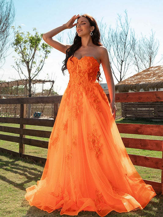 A-Line/Princess Tulle Applique Sweetheart Sleeveless Floor-Length Dresses