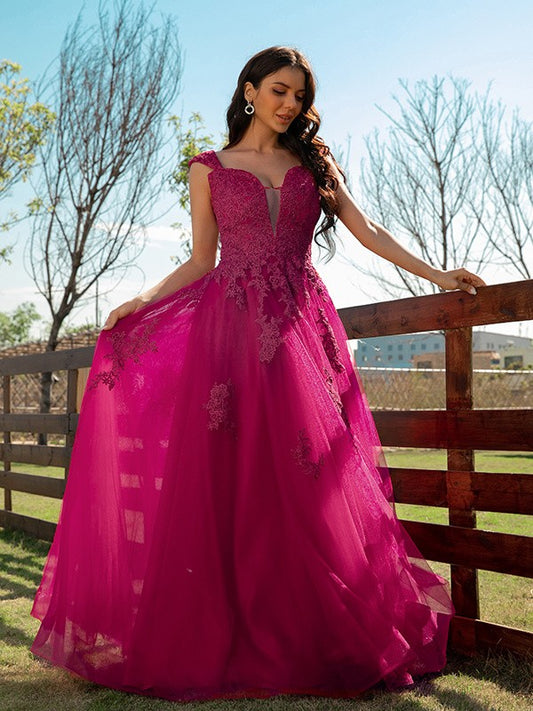 A-Line/Princess Tulle Applique V-neck Sleeveless Floor-Length Dresses