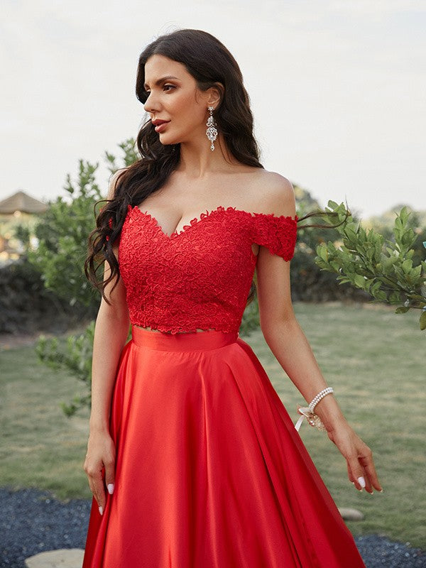 A-Line/Princess Silk like Satin Applique Off-the-Shoulder Sleeveless Sweep/Brush Train Two Piece Dresses