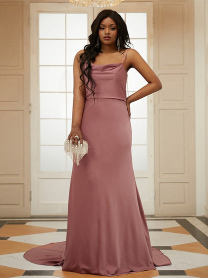 Sheath/Column NS  Woven Satin Ruched Spaghetti Straps Sleeveless Sweep/Brush Train Dresses