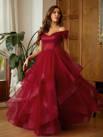 A-Line/Princess Tulle Ruffles Off-the-Shoulder Sleeveless Floor-Length Dresses