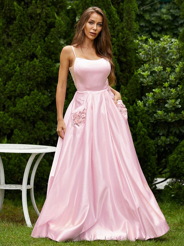 A-Line/Princess Satin Applique Spaghetti Straps Sleeveless Floor-Length Dresses