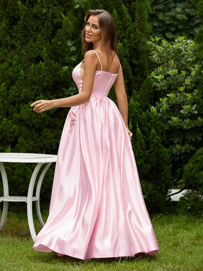 A-Line/Princess Satin Applique Spaghetti Straps Sleeveless Floor-Length Dresses