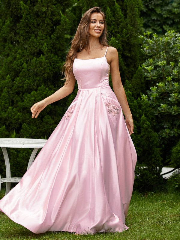 A-Line/Princess Satin Applique Spaghetti Straps Sleeveless Floor-Length Dresses