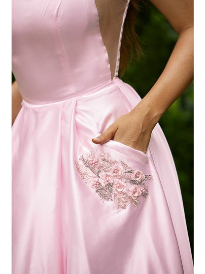 A-Line/Princess Satin Applique Spaghetti Straps Sleeveless Floor-Length Dresses