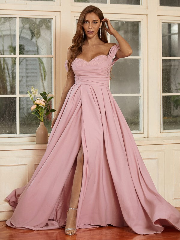 A-Line/Princess Stretch Crepe Ruffles Off-the-Shoulder Sleeveless Sweep/Brush Train Dresses