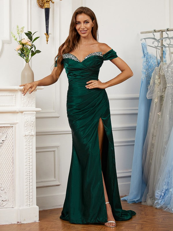 Sheath/Column Silk like Satin Ruched Off-the-Shoulder Sleeveless Sweep/Brush Train Dresses