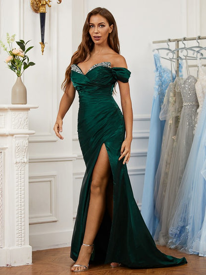 Sheath/Column Silk like Satin Ruched Off-the-Shoulder Sleeveless Sweep/Brush Train Dresses