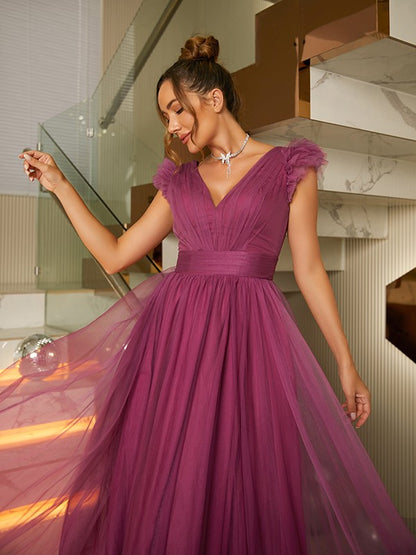 A-Line/Princess Tulle Ruffles V-neck Sleeveless Floor-Length Dresses