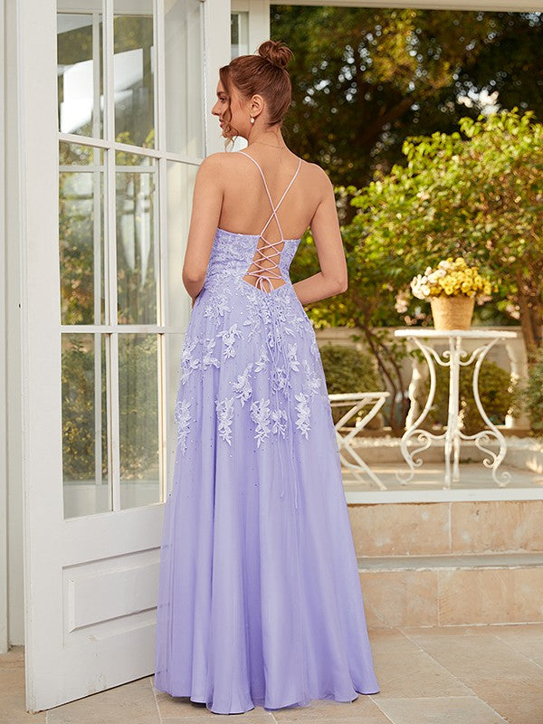 A-Line/Princess Tulle Applique V-neck Sleeveless Floor-Length Dresses