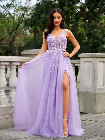 A-Line/Princess Tulle Applique V-neck Sleeveless Floor-Length Dresses