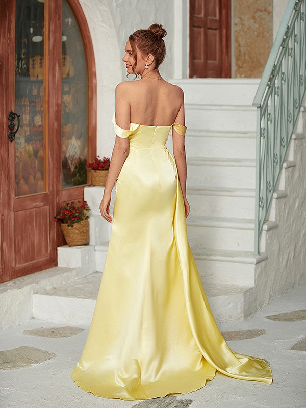 Sheath/Column Satin Ruched Off-the-Shoulder Sleeveless Sweep/Brush Train Dresses