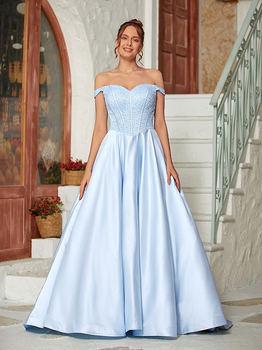 Ball Gown Satin Beading Off-the-Shoulder Sleeveless Sweep/Brush Train Dresses