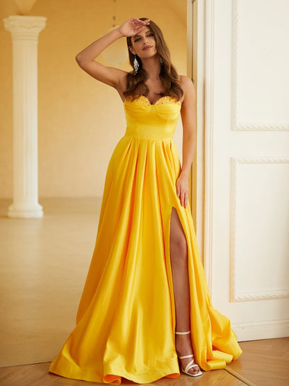 A-Line/Princess Satin Ruffles Spaghetti Straps Sleeveless Sweep/Brush Train Dresses