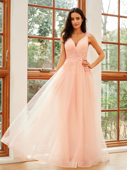 A-Line/Princess Tulle Applique V-neck Sleeveless Floor-Length Dresses