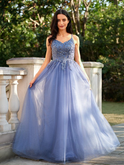 A-Line/Princess Tulle Applique V-neck Sleeveless Floor-Length Dresses