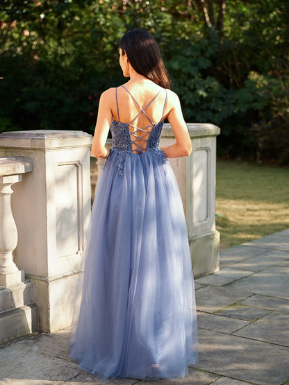 A-Line/Princess Tulle Applique V-neck Sleeveless Floor-Length Dresses