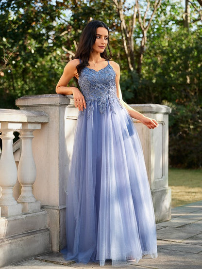 A-Line/Princess Tulle Applique V-neck Sleeveless Floor-Length Dresses