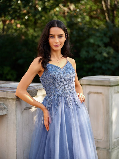 A-Line/Princess Tulle Applique V-neck Sleeveless Floor-Length Dresses