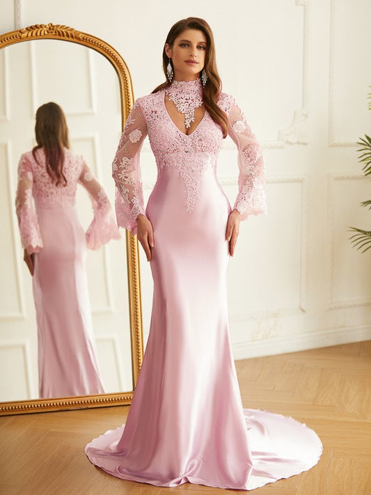 Sheath/Column Silk like Satin Lace High Neck Long Sleeves Sweep/Brush Train Dresses