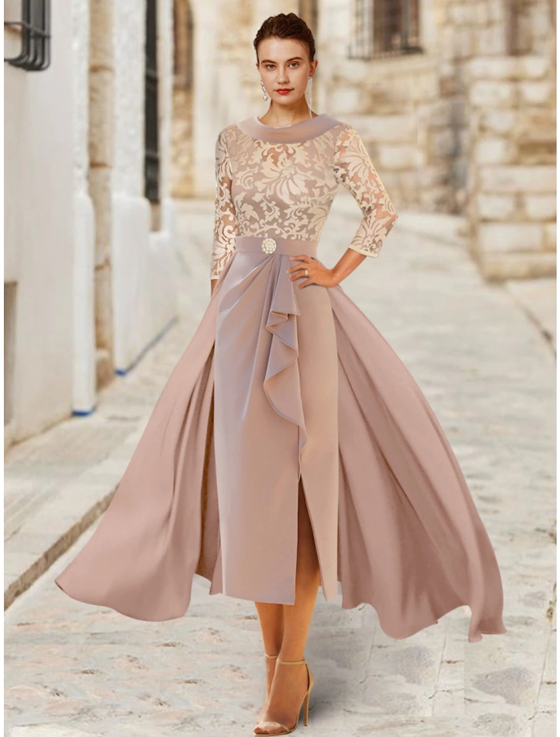A-Line Mother of the Bride Dress Wedding Guest Elegant Scoop Neck Ankle Length Satin Lace 3/4 Length Sleeve with Ruffles Split Front Ruching