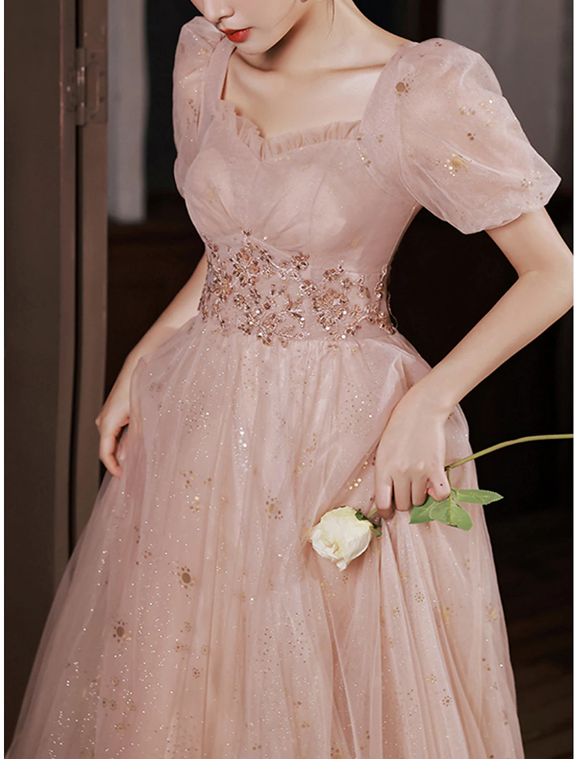 A-Line Prom Dresses Elegant Dress Engagement Prom Floor Length Half Sleeve Square Neck Satin with Appliques
