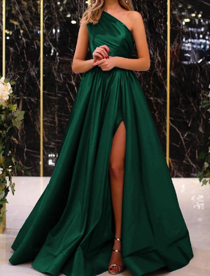 A-Line Evening Gown Elegant Dress Wedding Guest Engagement Floor Length Sleeveless One Shoulder Satin with Pleats Slit